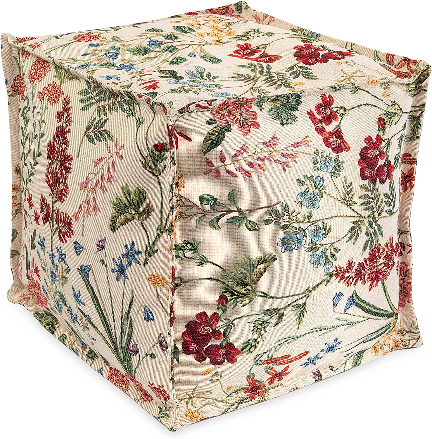 Pouf poggiapiedi sgabello realizzato in un tessuto pregiato jacquard 40x40x40cm riempito con palline di polistirolo a motivo floreale primaverile 