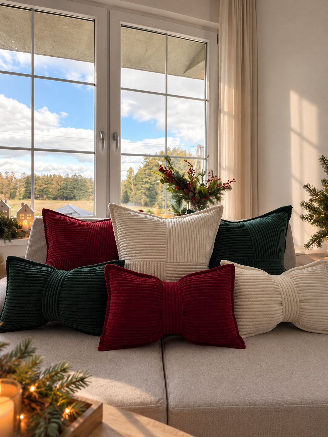 Cord Kissen 2er Set – Dekokissen mit geometrischem Muster und Schleife
