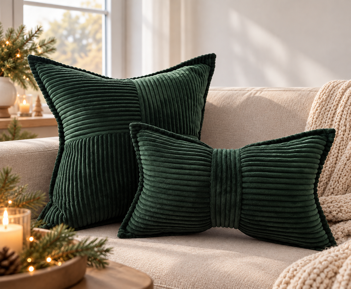 Cord Kissen 2er Set – Dekokissen mit geometrischem Muster und Schleife